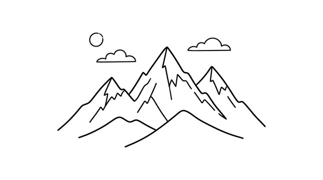 Minimalist line art illustration of mountain peaks with sun