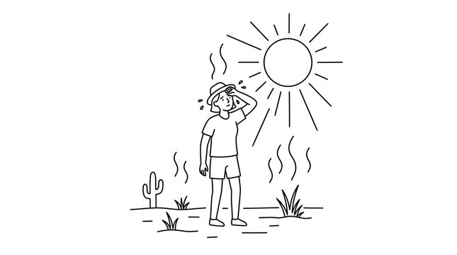 Woman wiping sweat from forehead under intense sun in desert