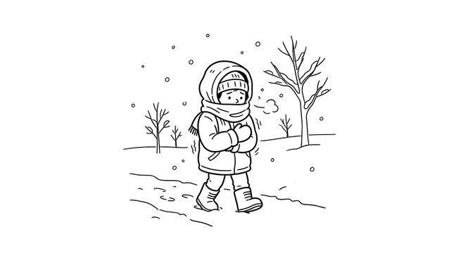 A shivering child walking outdoors during a cold snowy winter day