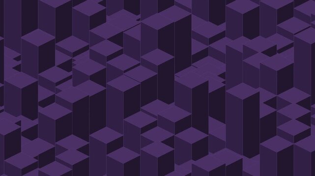Plum purple isometric falling cubes, cubes dropping into place and settling, seamless looping geometric background