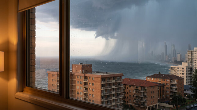 Hurricane approaching a coastal city viewed from a room window  