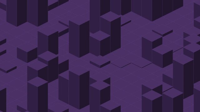 Plum purple isometric cube pillars, columns of cubes rising and sinking, seamless looping geometric background