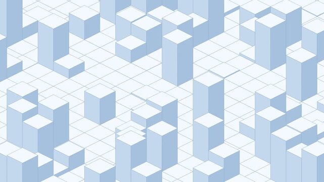 Pale blue isometric cube pillars, columns of cubes rising and sinking, seamless looping geometric background