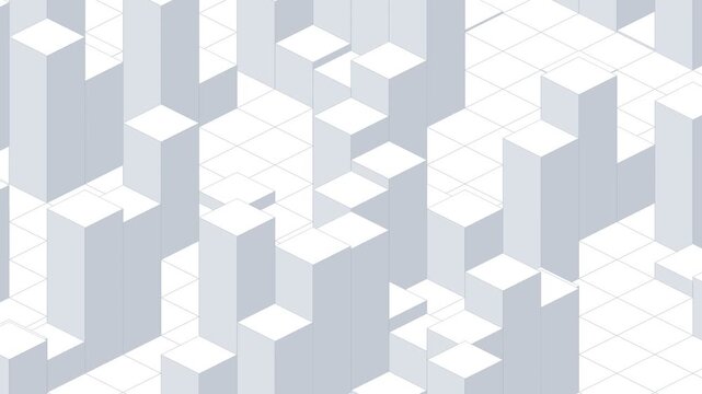White isometric cube pillars, columns of cubes rising and sinking, seamless looping geometric background