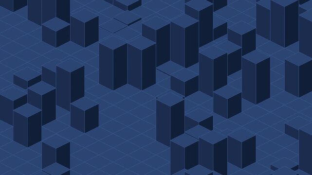 Navy blue isometric cube pillars, columns of cubes rising and sinking, seamless looping geometric background