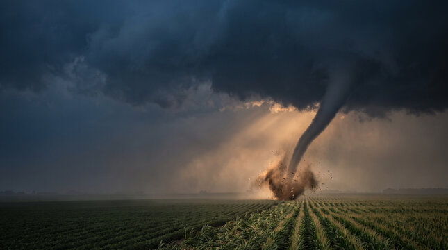 Tornado forming in a field under dark stormy clouds  