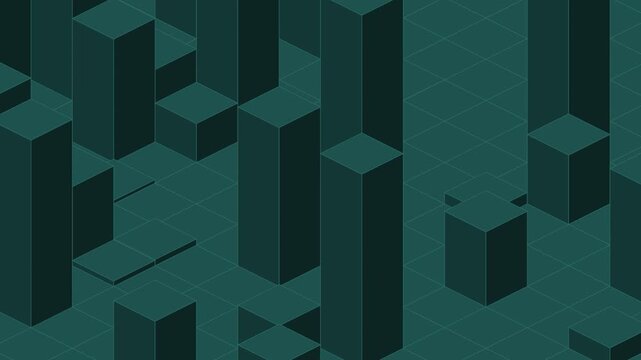 Dark teal isometric cube pillars, columns of cubes rising and sinking, seamless looping geometric background