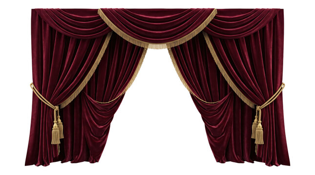 Luxurious dark red velvet stage curtains with gold fringe trim and decorative tassels, isolated on transparent background