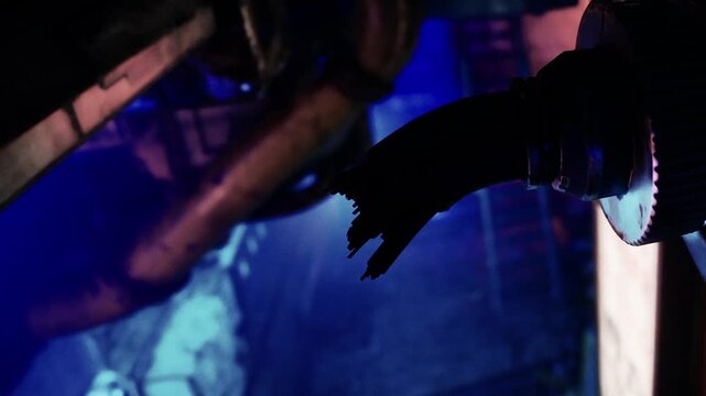 A close view of a damaged electrical cable with frayed ends is shown. The setting is an industrial area with machinery and blue lighting creating a unique atmosphere.