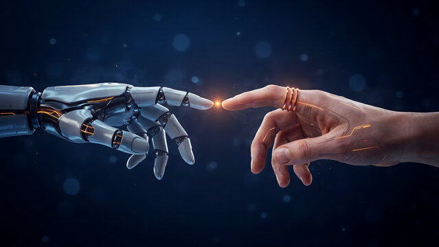 A robotic hand and a human hand reaching out to touch fingers with a glowing spark between them against a dark blue background, with bokeh
