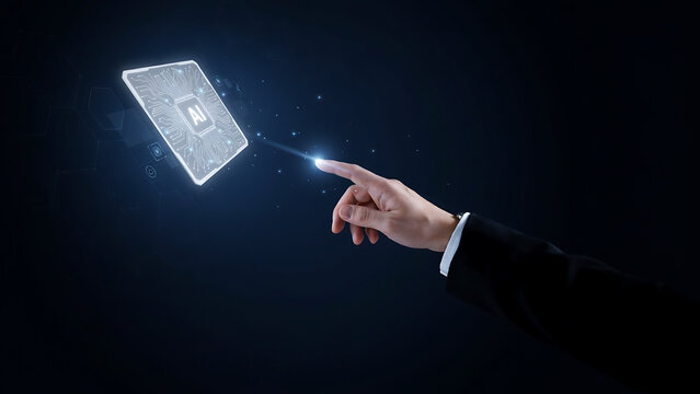 A person in a suit pointing at a glowing holographic ai microchip floating in the air against a dark background, with hexagonal patterns