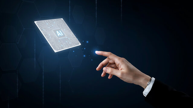A person in a suit pointing at a glowing holographic ai microchip floating in the air against a dark background, with hexagonal patterns