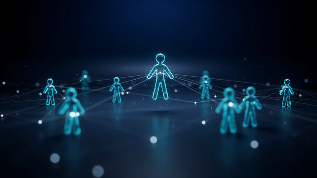 Glowing blue digital human figures connected by lines in a dark network environment representing social connectivity and data communication