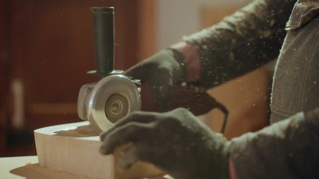 Close up shows skilled woodworking with power tools. Gloved hand guides cutting process as sparks and sawdust fly from angle grinder on wooden block emphasizing precision in manual