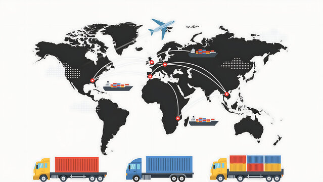 Map with shipping routes, cargo ships, an airplane, and trucks representing global logistics, transportation, and supply chain