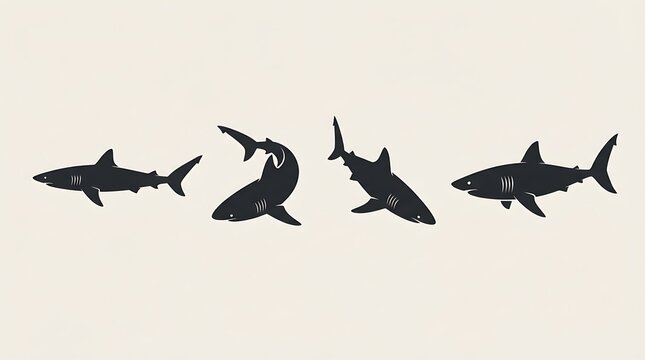 Set of four black shark silhouettes swimming in different positions for marine life design projects and ocean nature concepts