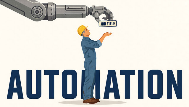 Robotic arm holding a job title sign above a worker wearing a yellow hard hat and blue uniform representing industrial automation concept