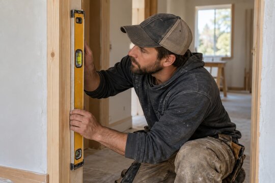 Construction worker checks door frame levelness with spirit level