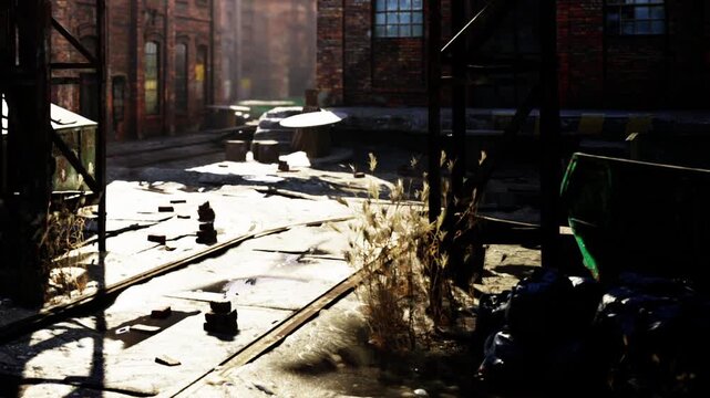 In a deserted industrial area, sunlight shines on overgrown weeds and rusty tracks. Abandoned buildings surround the scene, showcasing remnants of past activities.