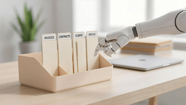 Robotic arm reaching for a beige desk organizer with labeled dividers for invoices, contracts, clients, and archive on a wooden office desk