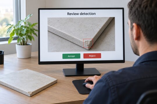 Man reviewing defect detection results on a computer screen rejecting an item