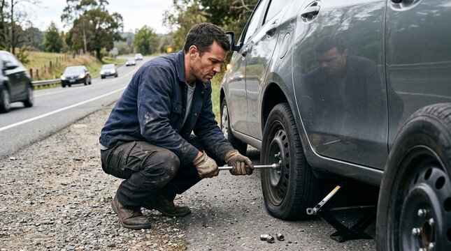 Roadside Tire Change Focused Determined Expression
