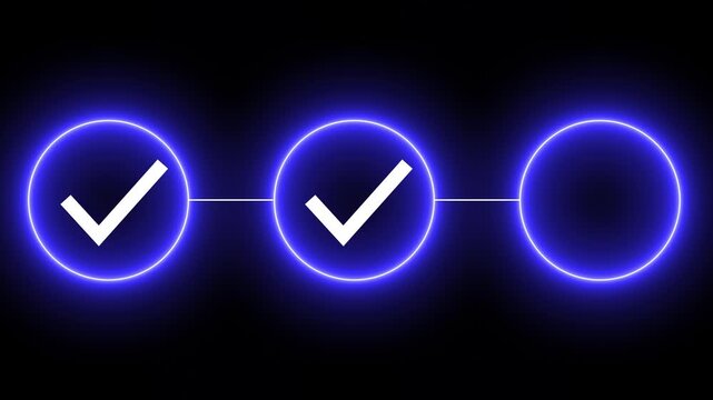 Neon Light 3 Step Process Infographic Animation with Sequential Glowing Circle, Check Mark and Connecting Line 4k motion...