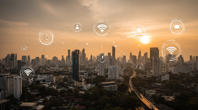 Smart digital Innovation city with connection network reciprocity over the city of future smart wireless digital city and social media networking systems that connects people with in city