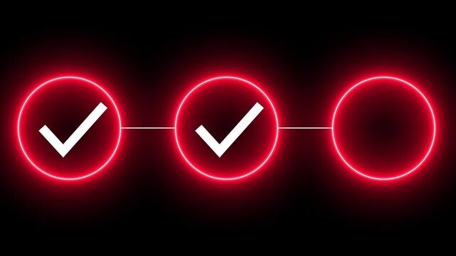 Neon Light 3 Step Process Infographic Animation with Sequential Glowing Circle, Check Mark and Connecting Line 4k motion...