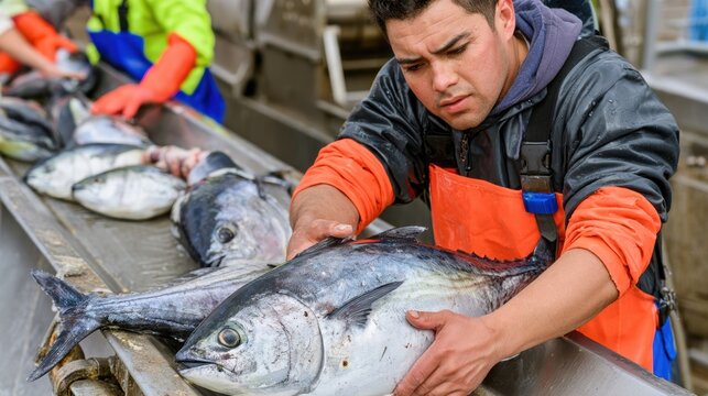 Fish processing work aboard a modern commercial fishing vessel with workers sorting fresh fish on conveyor equipment