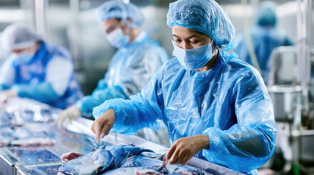 Fish processing area aboard commercial fishing vessel with workers sorting fresh fish