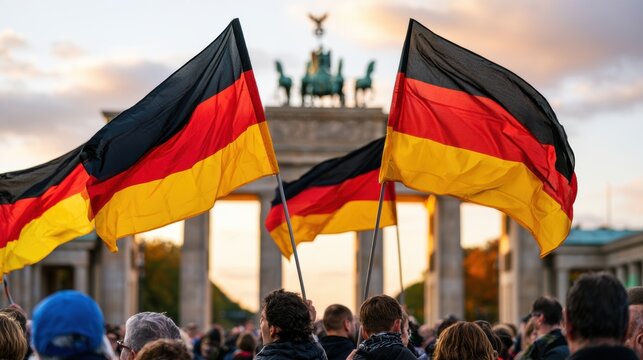 Joyful crowd celebrates German Unity Day at Brandenburg Gate in Berlin