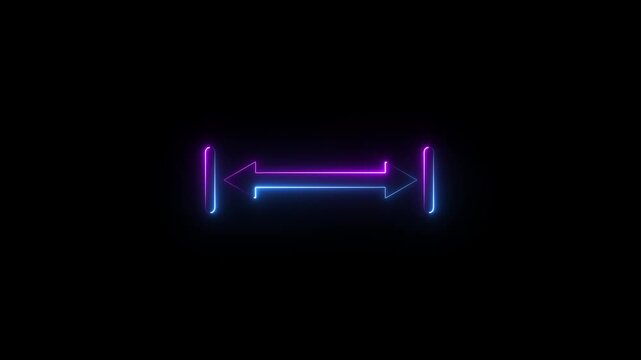 Glowing blue and purple neon gradient double headed horizontal arrow dimension line symbol representing distance measurement width futuristic light effect vector line art black background.4 k video