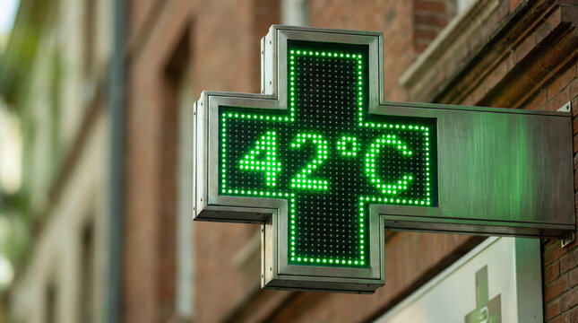 Green Pharmacy LED Cross Displaying Extreme 42 Degrees Celsius During Urban Heatwave