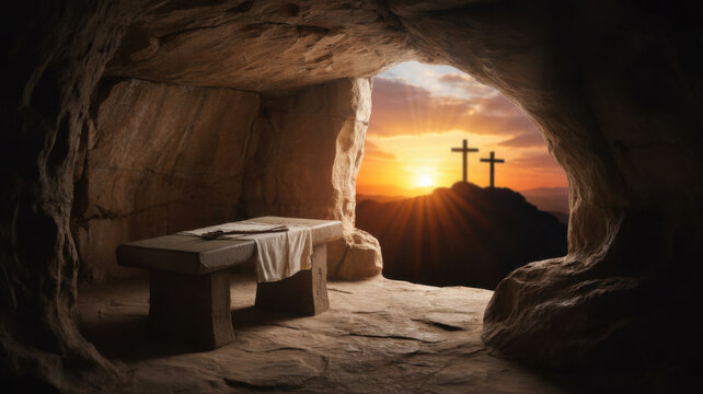 Empty tomb with stone slab and shroud, resurrection hope at sunrise
