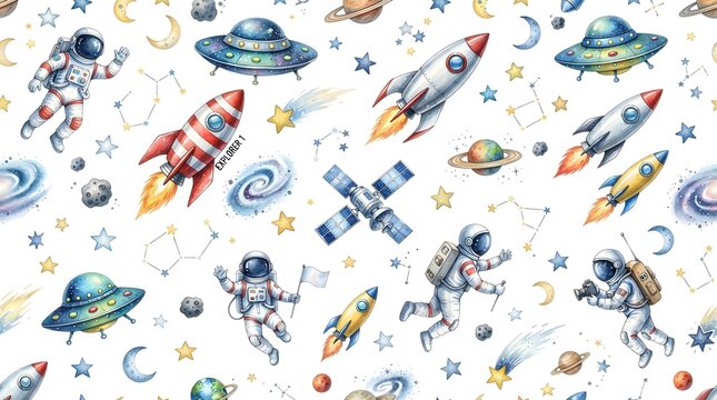 Watercolor space adventure seamless pattern with rockets, astronauts, planets and stars