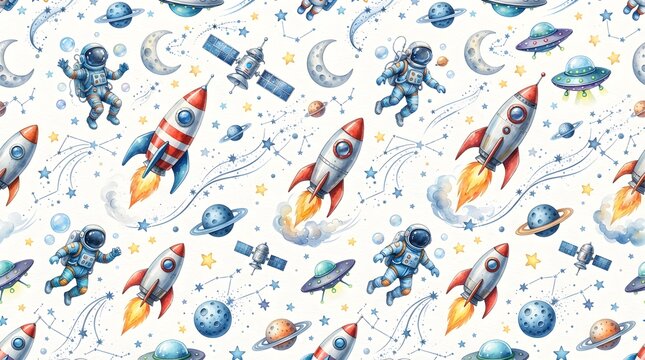 Watercolor space adventure seamless pattern with rockets, astronauts, planets and stars