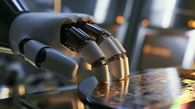 Macro Photo of Articulated Humanoid Robotic Hand Handling Silicon Wafer in Cleanroom for Semiconductor Automation Concept
