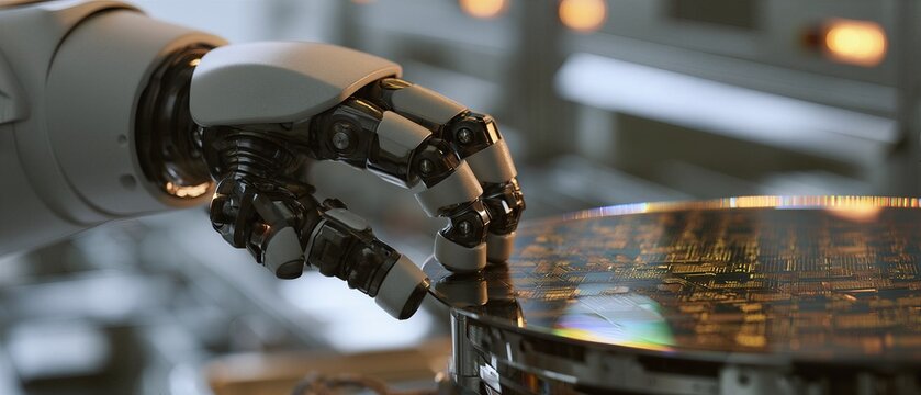 Macro Photo of Articulated Humanoid Robotic Hand Handling Silicon Wafer in Cleanroom for Semiconductor Automation Concept
