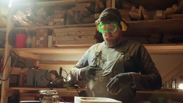 Man works at his bench with power and manual joinery equipment. Man wears safety goggles and gloves handling sawdust while surrounded by tools in workshop