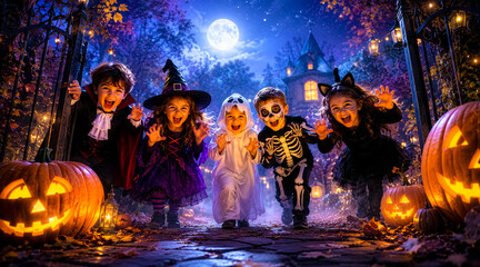 Fototapeta premium Group of children in various costumes running towards camera at night, pumpkins and spooky mansion background, full moon light. Halloween celebration, autumn festivities, childhood joy.