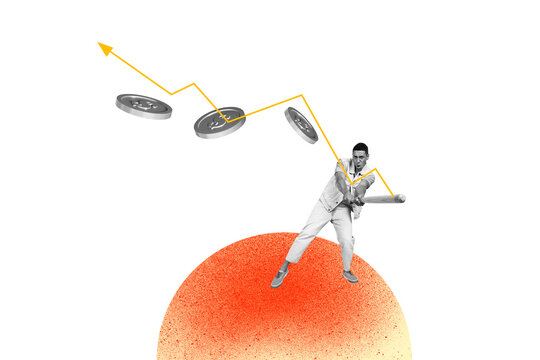 Composite photo collage of happy american guy hold bat arrow statistics coin earnings success development isolated on painted background