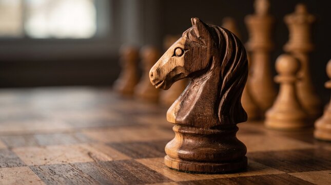 Wooden Knight Chess Piece Standing on a Traditional Checkerboard