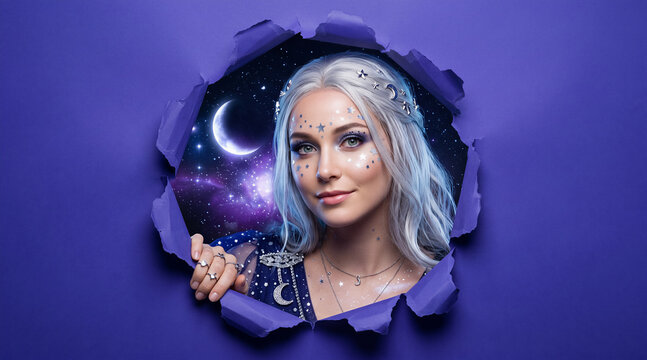 Portrait of woman with blue hair and celestial face gems looking at camera through torn paper hole, night sky background with moon and stars. Fantasy, astrology, beauty, fashion.