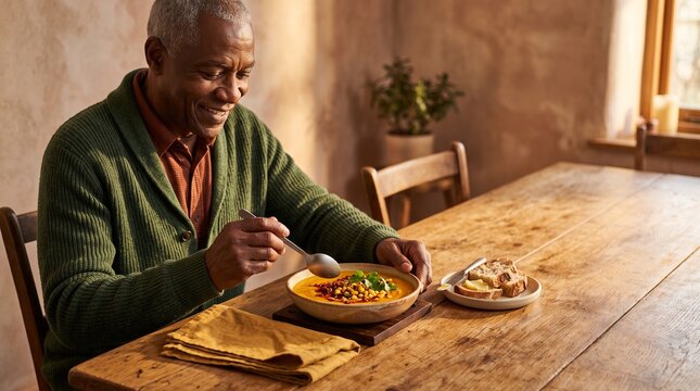 Senior man enjoying pumpkin soup on an autumn afternoon