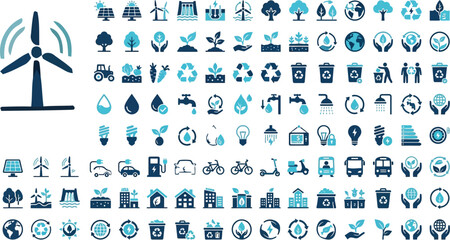 Fototapeta premium Environment and sustainability icons set with wind turbine, solar panel, trees, water drop, faucet, recycling, waste bins, bicycle, bus, green city and light bulb, blue vector glyph pictograms