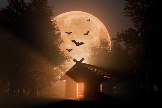 Spooky Halloween background with an eerie forest cabin silhouetted against a huge full moon. Bats fly in the night sky as glowing light spills from the open door into the mist.