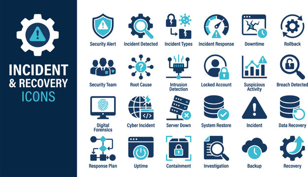 Incident and recovery icon set with security alert, incident detected, response plan, breach detected, locked account, suspicious activity, cyber incident, system restore and uptime, blue vector