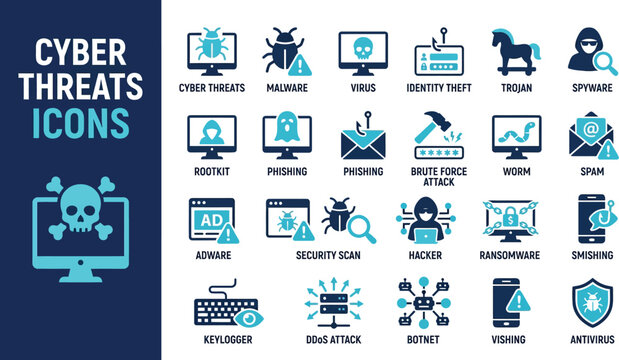 Cyber threats icons set with malware, virus, phishing, ransomware, trojan, spyware, hacker, botnet, keylogger and DDoS attack symbols, blue glyph vector pack for internet security concept