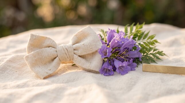 Jacaranda blossoms beside a raw silk bow on linen